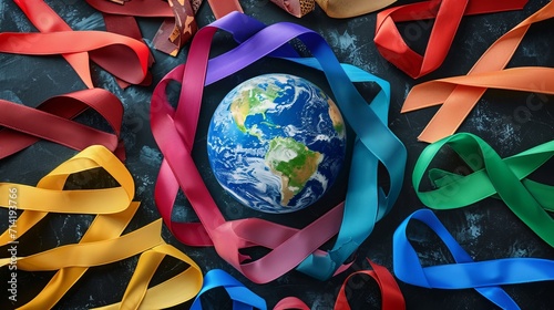 Colorful awareness ribbons laying in circle and earth globe in the middle, top view
