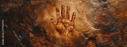 Beautiful metal and stone golden brown background, rock cave handprint carved or painted on the wall, human hand print outline or contours centered mural painting, ancient fresco wallpaper, stop sign