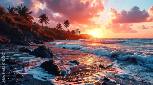 Beautiful sunrise on the white sand beach with palm trees like Caribbean or Sri Lanka.