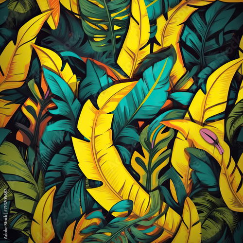 graffiti drawing of tropical leaves with yellow, in the style of hip hop aesthetics, allover composition, playful still lifes, bold-graphic, letras y figuras, editorial illustrations, jakub różalski