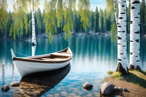 The beautiful landscape of a white simple wooden boat tied to a birch tree 