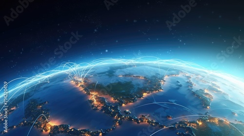 Connection lines glow light around the Earth's surface, future technology background with circles and lines. Internet, social media, travel, or logistical concepts.