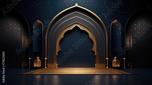 Illustration of Ramadan Kareem background with mosque Islamic style arches and Arabic patterns.