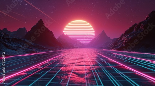 Abstract retro sci-fi grid 80's, 90's neon colors night and sunset, vintage cyberpunk illustration, retro synthwave style neon landscape background.