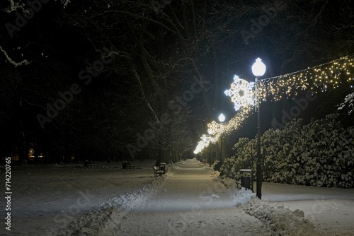 Zimowy wieczór w parku. Parkowa alejka pokryta warstwą białego śniegu. Z prawej strony znajduje się girlanda świetlna rozświetlająca ciemności.