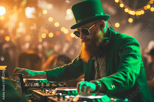 Bearded DJ wears a leprechaun costume and working spinning turntable records at Saint Patrick's Day party