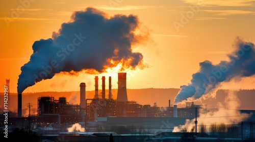 Smoke from heating station in big city during winter season at sunset. Smokestack pipes emitting co2 from coal thermal power plant into atmosphere.