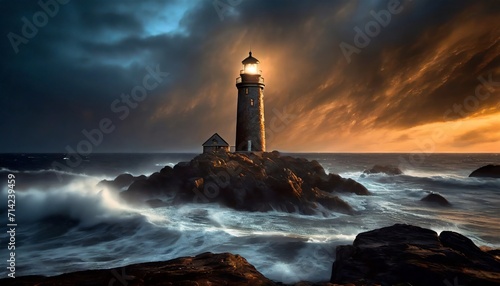 the lighthouse is glowing on top of the rocky rocks under a cloudy sky