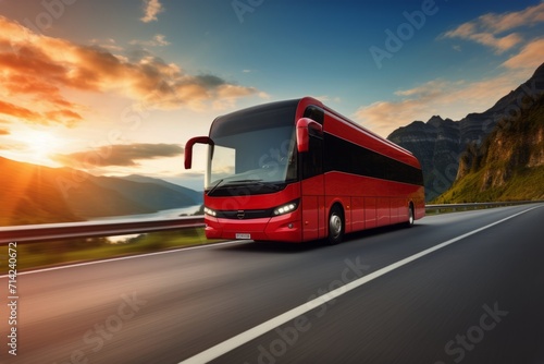 Touristic coach bus on highway road intercity regional domestic transportation driving urban modern tour traveling travel journey ride moving transport concept public comfortable passengers shuttle