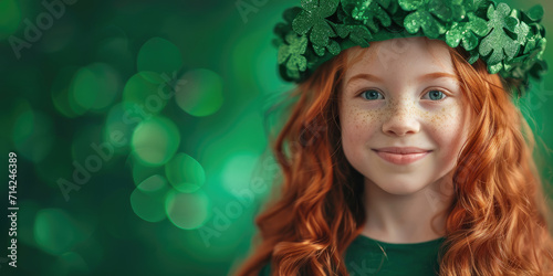 Happy red-haired girl with a clover wreath on her head on a green background. St. Patrick's Day.