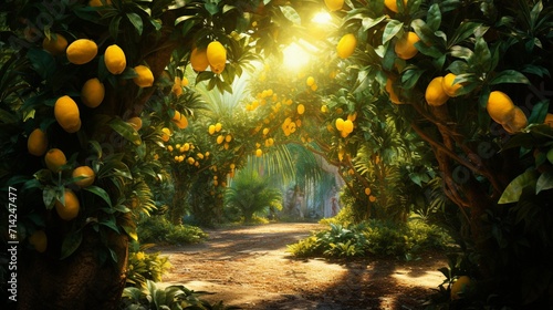 An ultra-realistic lemon grove with vibrant yellow fruits and glossy leaves, illuminated by the gentle morning sunlight - Generative AI
