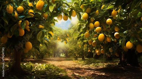 An ultra-realistic lemon grove with vibrant yellow fruits and glossy leaves, illuminated by the gentle morning sunlight - Generative AI