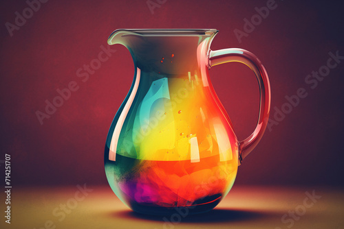 Colorful glass pitcher on a red background. Toned image.