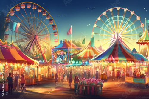 Carousels on the fairground at sunset. Illustration.