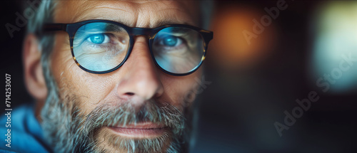 Intense Gaze: Close-Up Portrait of a Man with Striking Blue Eyes Behind Glasses