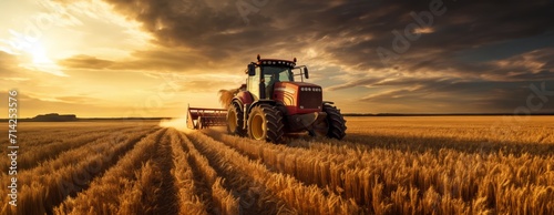 A tractor works the farm fields at sunset, painting the rural landscape in warm hues as the day gracefully transitions to evening.Generated image