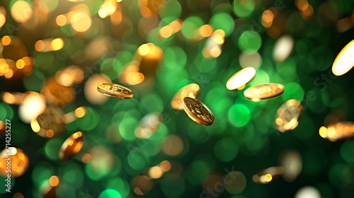 Abstract golden coins on green backdrop. Shamrock leaves. Patrick day background, St. Patrick's Day, Bitcoins falling down, encrypt currency concept.