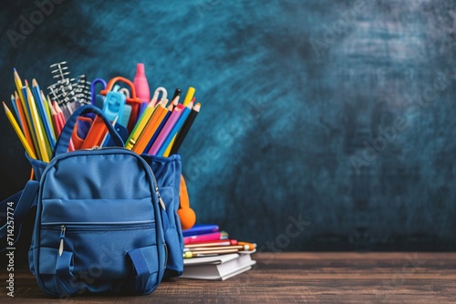 Backpack full of school supplies on table and blackboard front