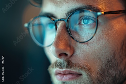 A detailed close-up of a person wearing glasses. Suitable for various applications