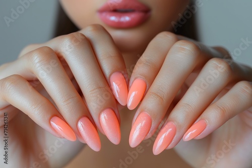 Beautiful womans hands with perfect peach nail design. Manicure, pedicure beauty salon concept