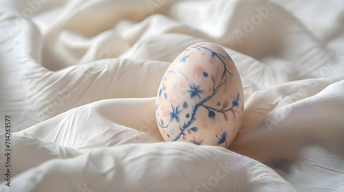 a painted egg sitting on top of a bed