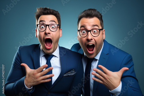 Two lookalike businessmen showing excitement in funny manner.