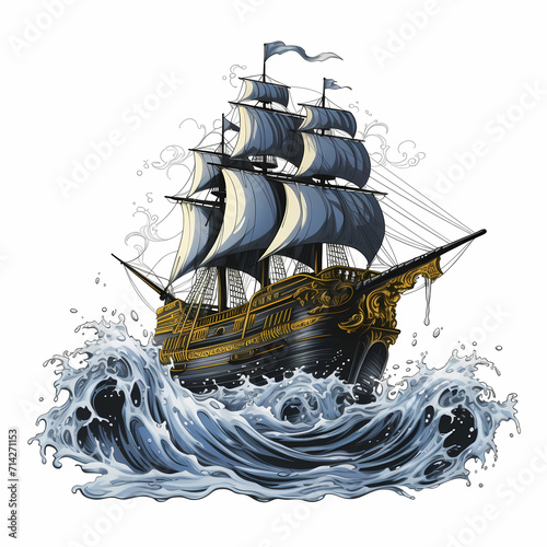 Wooden pirate buccaneer filibuster corsair sea dog ship isolated on white illustration