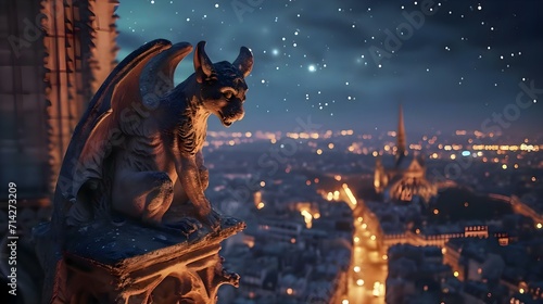 a gargoyle statue on top of a building at night