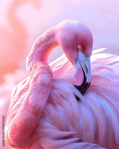 a close up of a pink flamingo with a background