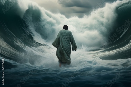 Jesus walking on water during storm, biblical miracle concept for religious themes and illustrations