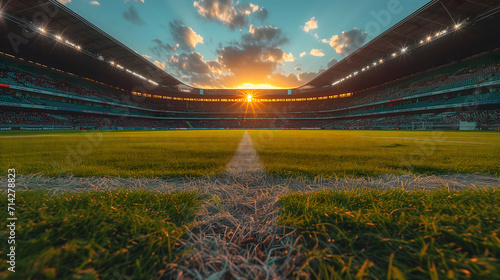 Majestic Sunset View Over an Empty Soccer Stadium With Lights On. AI.