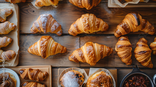 Variety of croissants displayed on a wooden bakery counter with diverse textures and shapes
