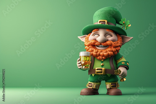 Irish leprechaun with a red beard in a green suit and hat with a glass of beer in his hand on a green background. St Patrick day concept. Copy space.