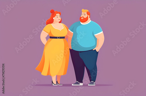 Cute chubby couple walking with holding their hands and looking at each other flat design image. Couple in romantic relationship. Happy Fat chubby chunky plus-size woman and man