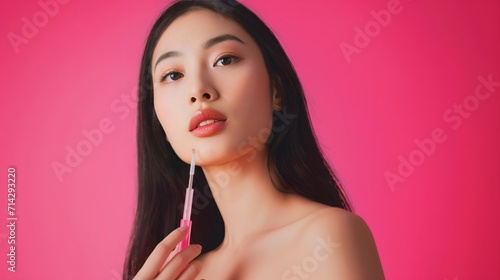Asian young woman with a pipette in her hands, serum, skin care injections, healthy young facial skin