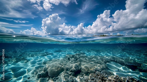 Above and below surface of the Caribbean sea with coral reef underwater and a cloudy blue sky.