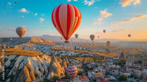 Drone - Hot Air Balloons, Cappadocia, Turkey 2023 - Flying towards red and white air balloon high with others over the city 