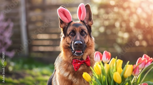 German Shepherd wears red bow tie and pink Easter bunny ears. Dog outside with bouquet spring flowers yellow tulips. Tilts head to side as sign attention. Concept pet celebrates Catholic Easter. 