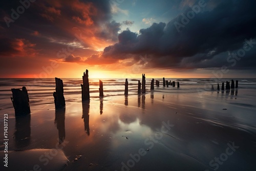  Belgium, West Flanders, Wet beachat moody sunset 