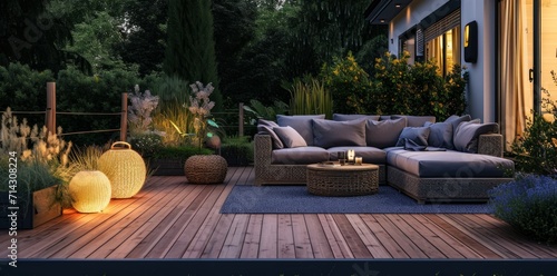 an outdoor balcony with lighting, couches and small gardens