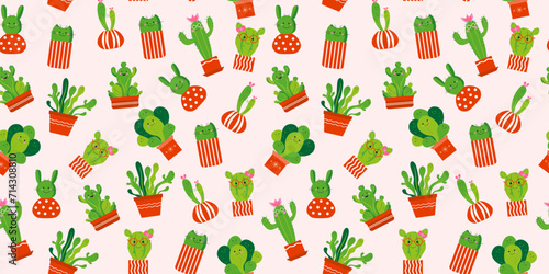 Pattern. Set of houseplants. Cartoon cactus and succulent. Flowers in pots. House plant, potted plant. Ceramic pot. Vector illustration on isolated background.