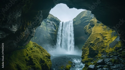  a view of a waterfall from inside of a cave with moss growing on the rocks and water cascading down the side of the cave, with a waterfall in the distance.
