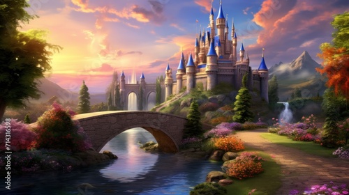 Enchanted castle in fairytale landscape at sunset. Fantasy and imagination.