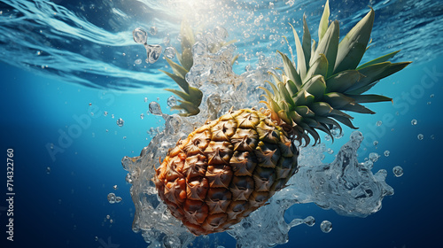 pineapple falls under blue water, with splashes and air bubbles