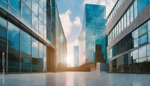 modern office building or business center high rise windor buildings made of glass reflect the clouds and the sunlight empty street outside wall modernity civilization growing up business