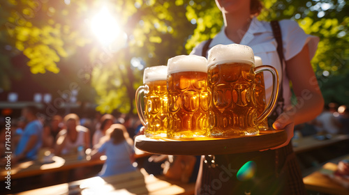 a cheerful German waitress skillfully balancing a round tablet heaped with Maß steins of beer, each crowned with an extra frothy head, in a sun-drenched Bavarian beer garden