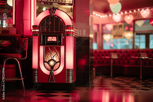 A classic jukebox in a retro-themed diner, Valentine’s Day, blurred background