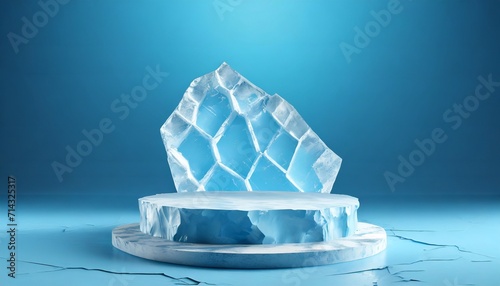 3d ice crack podium or 3d ice crack dais stage podium mock up stand product scene on blue background ice crack 3d podium stage blue background