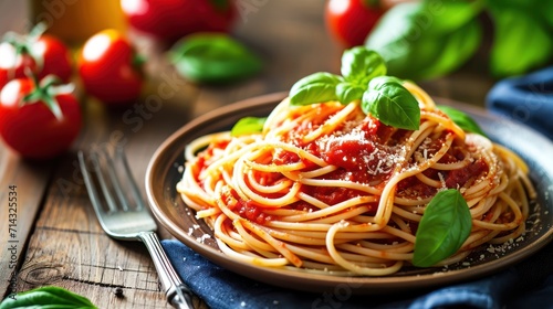  a plate of spaghetti with tomato sauce, basil, and parmesan cheese on a wooden table with fresh basil leaves and tomatoes in the corner of the plate.