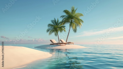 Desert tropical island with palm tree, chaise lounge. Concept for rest, holidays, resort, travel